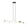 Zwart-gouden hanglamp met zes witte glazen bollen aan een horizontale balk en twee zwarte ophangsnoeren