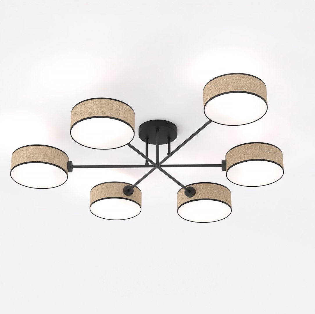 Zwarte plafondlamp met zes armen en zes cilindrische kappen in rotan-look