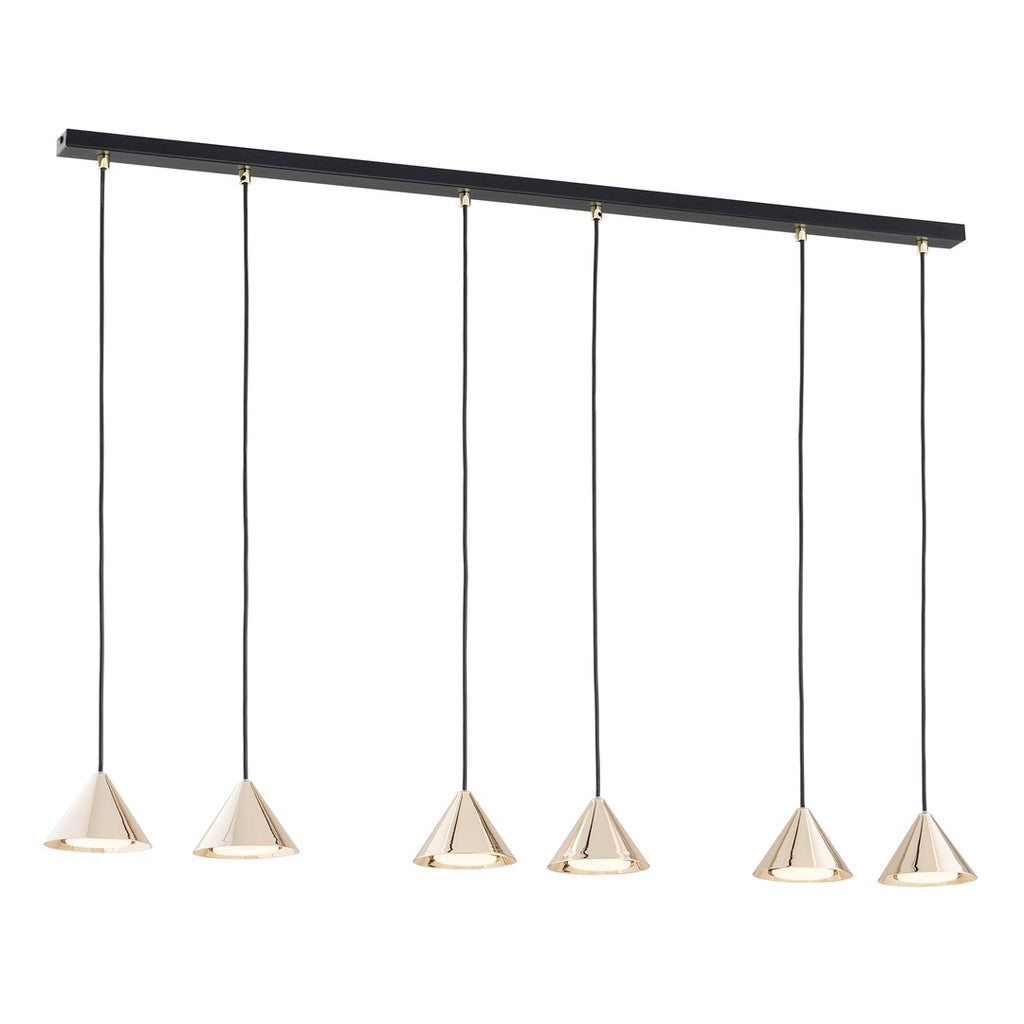 Hanglamp met zwarte balk en zes gouden kegelvormige kappen aan zwarte snoeren