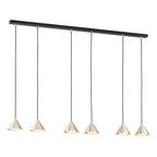 Hanglamp met zwarte balk en zes gouden kegelvormige kappen aan zwarte snoeren