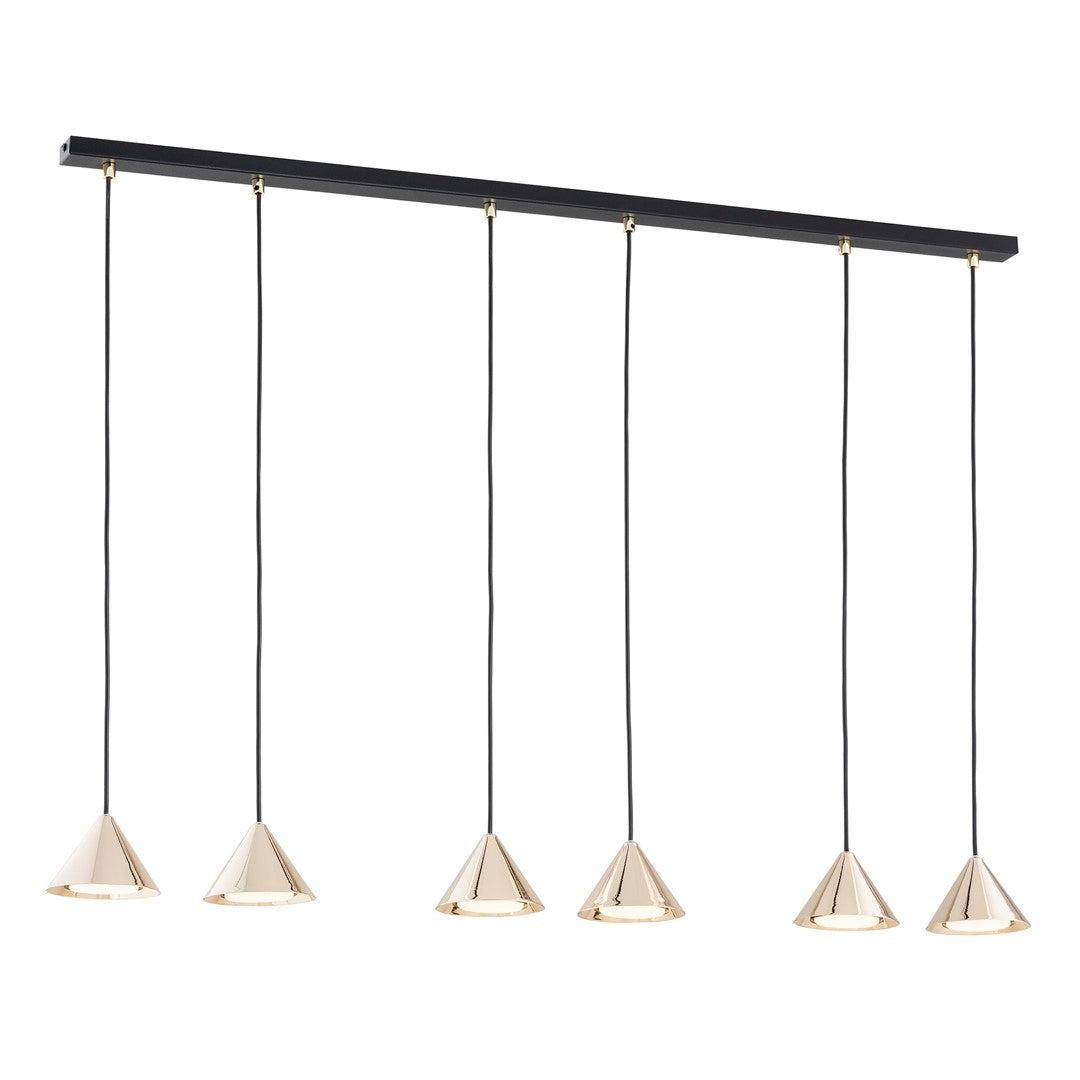 Hanglamp met zwarte balk en zes gouden kegelvormige kappen aan zwarte snoeren