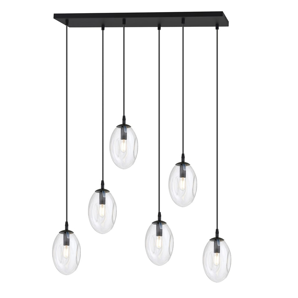 Zwarte hanglamp met rechthoekige plafondplaat en zes transparante glazen kappen op verschillende hoogtes
