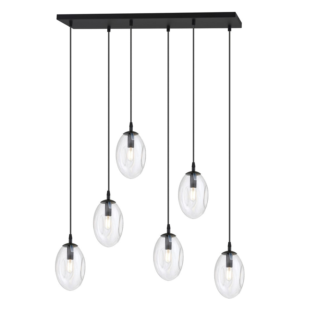 Zwarte hanglamp met rechthoekige plafondplaat en zes transparante glazen kappen op verschillende hoogtes