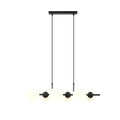 Zwarte hanglamp met zes witte glazen bollen, twee dunne stangen en een rechthoekige zwarte plafondplaat