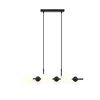 Zwarte hanglamp met zes witte glazen bollen, twee dunne stangen en een rechthoekige zwarte plafondplaat
