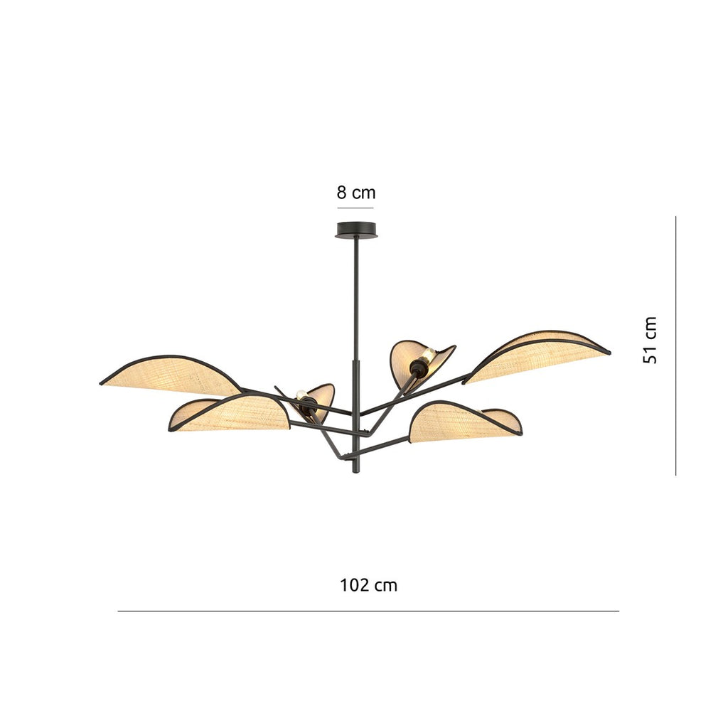 Plafondlamp gepoedercoat staal en rotan Vene, zwart met bruine kappen, 6 lichtpunten – 102 x 51 cm, woonkamer en slaapkamer