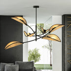 Plafondlamp Lotus gepoedercoat staal en rotan, boho, zwart met naturel kappen, 6 lichtpunten, 102 x 51 cm