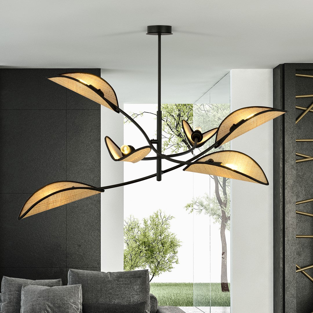 Plafondlamp Lotus gepoedercoat staal en rotan, boho, zwart met naturel kappen, 6 lichtpunten, 102 x 51 cm