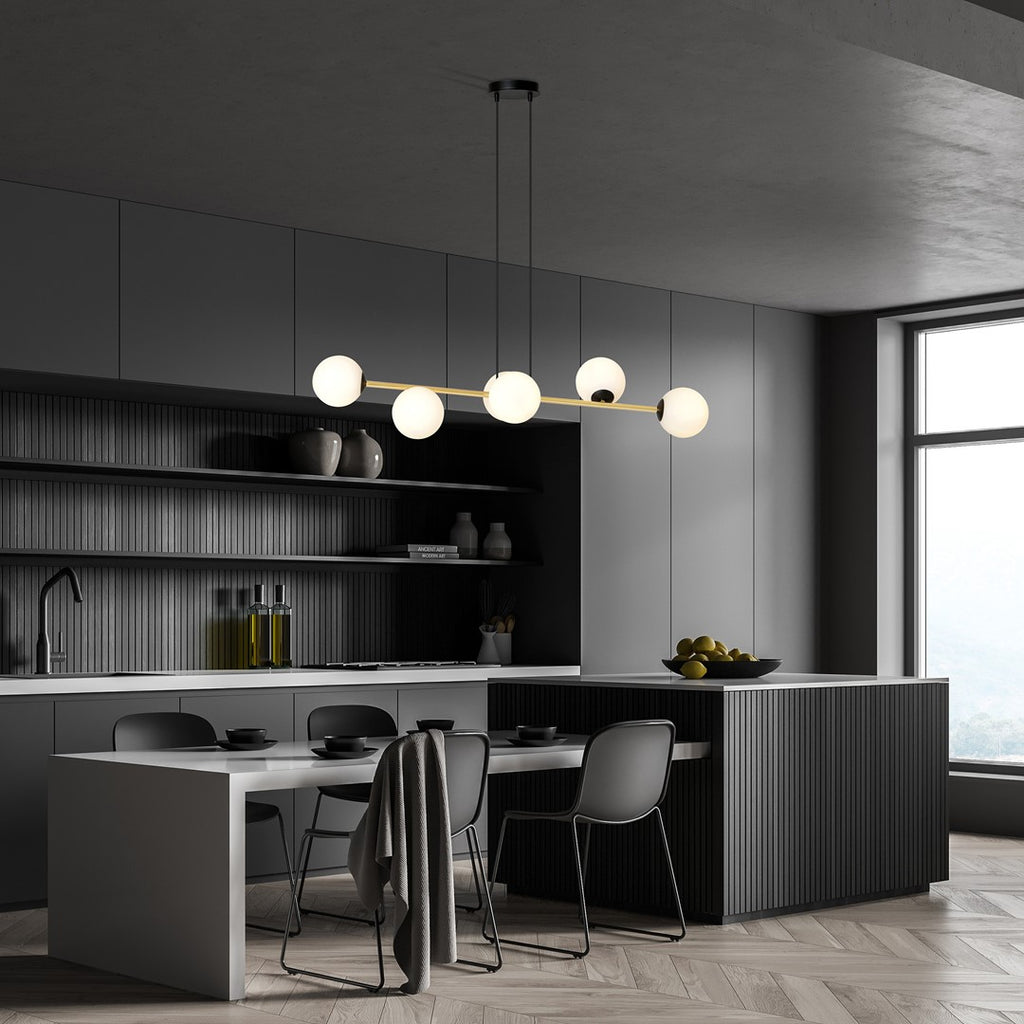 Hanglamp gepoedercoat staal en glas Gravity, zwart met goud en witte glazen kappen, 6 lichts, 110 cm breed