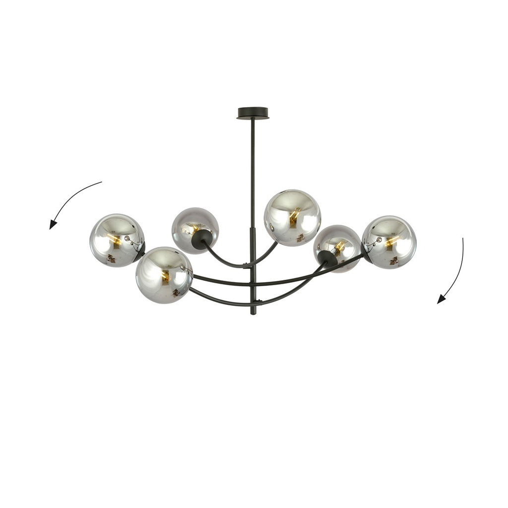 Plafondlamp gepoedercoat staal en glas Hunter zwart, grafiet kappen, 6 lichtpunten, 89 x 63 cm, eettafel of keukeneiland