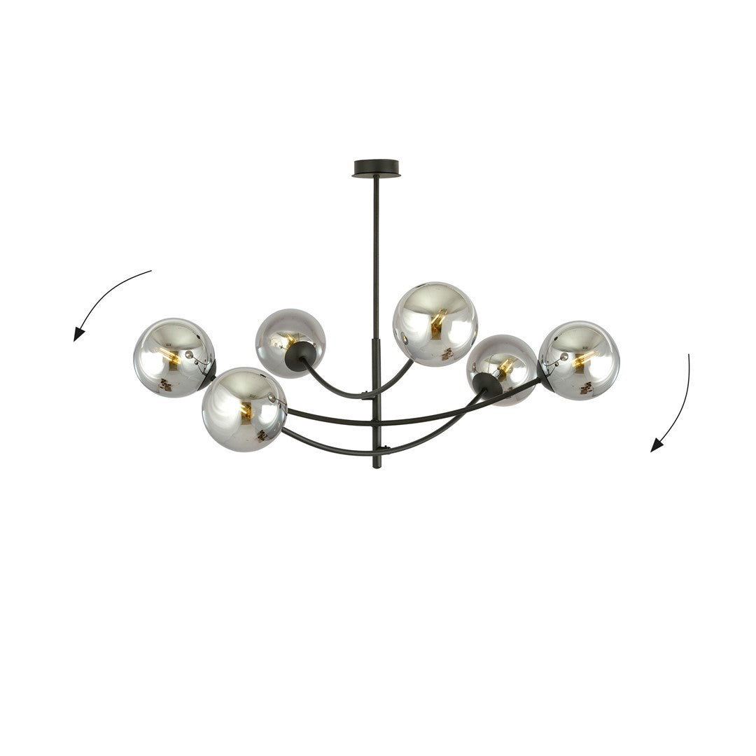 Plafondlamp gepoedercoat staal en glas Hunter zwart, grafiet kappen, 6 lichtpunten, 89 x 63 cm, eettafel of keukeneiland