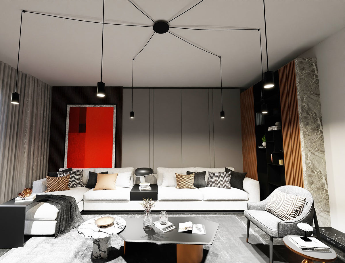 Hanglamp gepoedercoat staal Traker zwart, 6 lichts met GU10-fittingen, verstelbare hoogte, modern