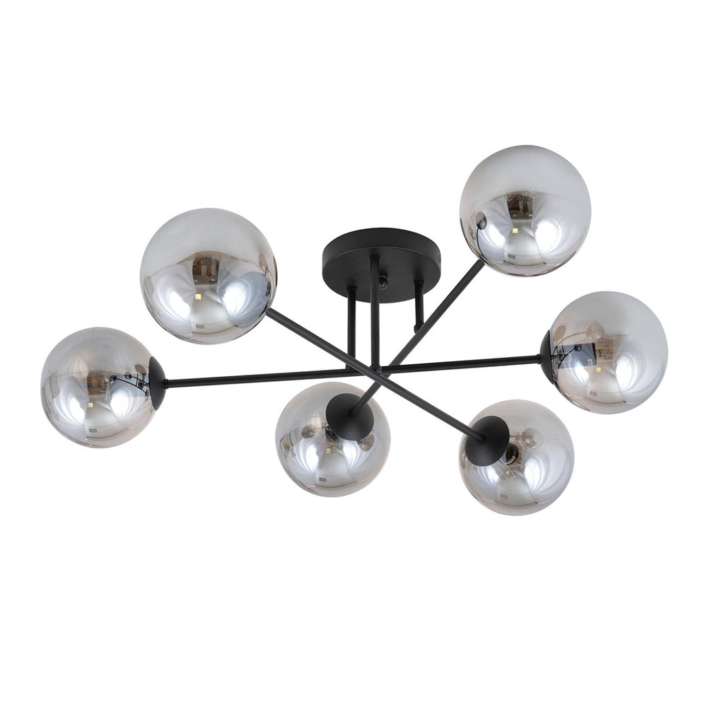 Plafondlamp gepoedercoat staal en glas Roma, zwart met grafiet glazen kappen, 6 lichts E14, 75 cm breed
