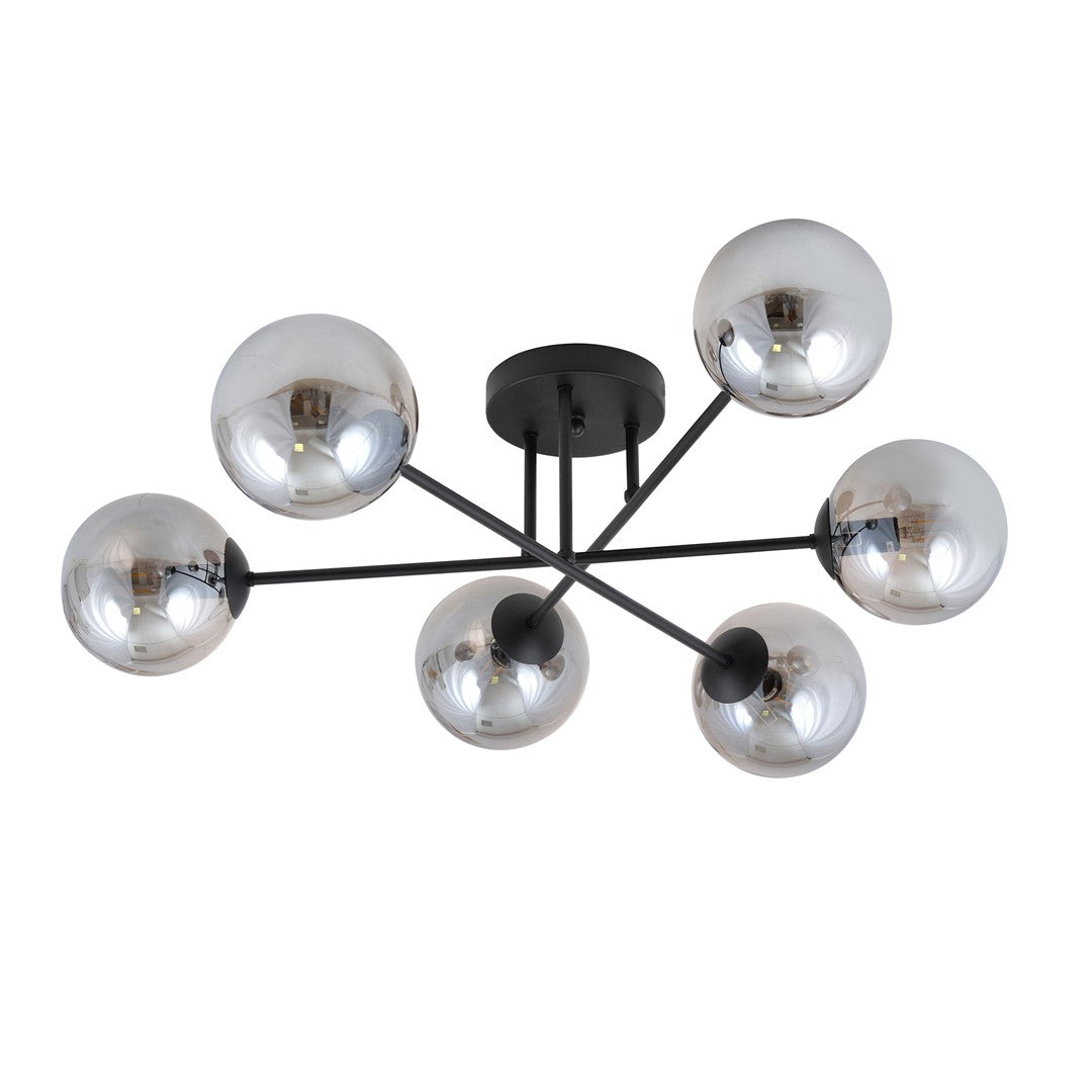 Plafondlamp gepoedercoat staal en glas Roma, zwart met grafiet glazen kappen, 6 lichts E14, 75 cm breed