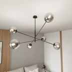 Hanglamp gepoedercoat staal en glas Linear zwart met grafiet kappen, 6 lichts, 102 x 51 cm, eettafel