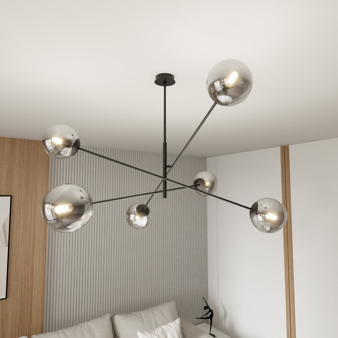 Hanglamp gepoedercoat staal en glas Linear zwart met grafiet kappen, 6 lichts, 102 x 51 cm, eettafel