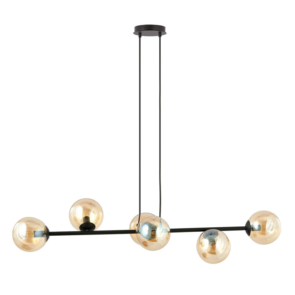 Hanglamp gepoedercoat staal en glas Rossi, zwart met amber glas, 6 lichts, 110 x 100 cm, woonkamer en eetkamer