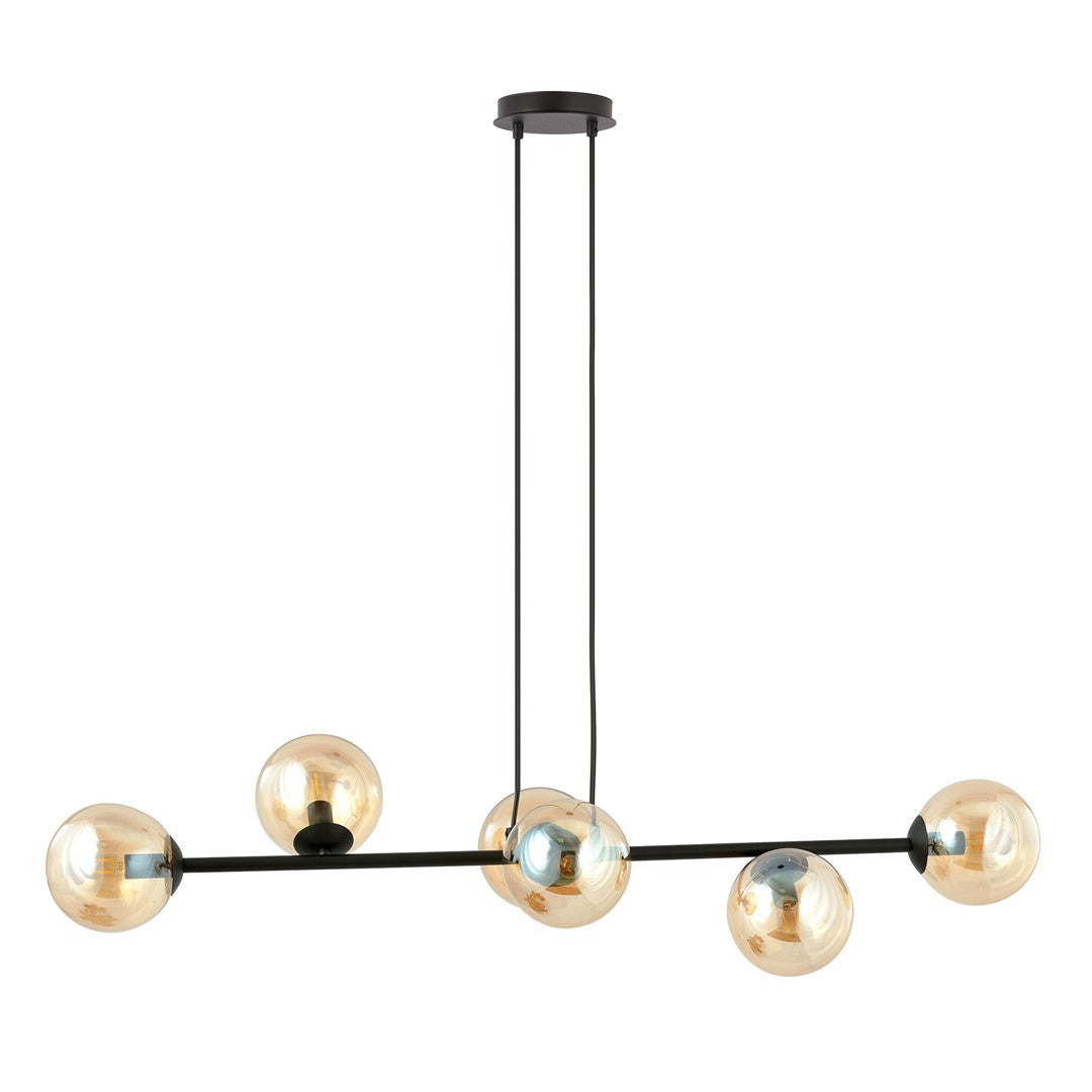 Hanglamp gepoedercoat staal en glas Rossi, zwart met amber glas, 6 lichts, 110 x 100 cm, woonkamer en eetkamer