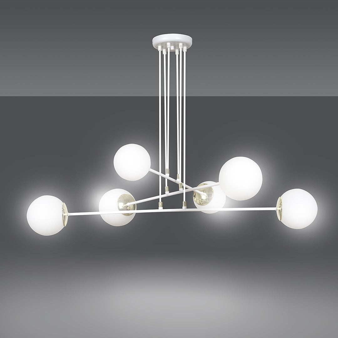Hanglamp gepoedercoat staal en glas Ognis wit met gouden accenten, 6 lichtpunten, 90 x 100 cm