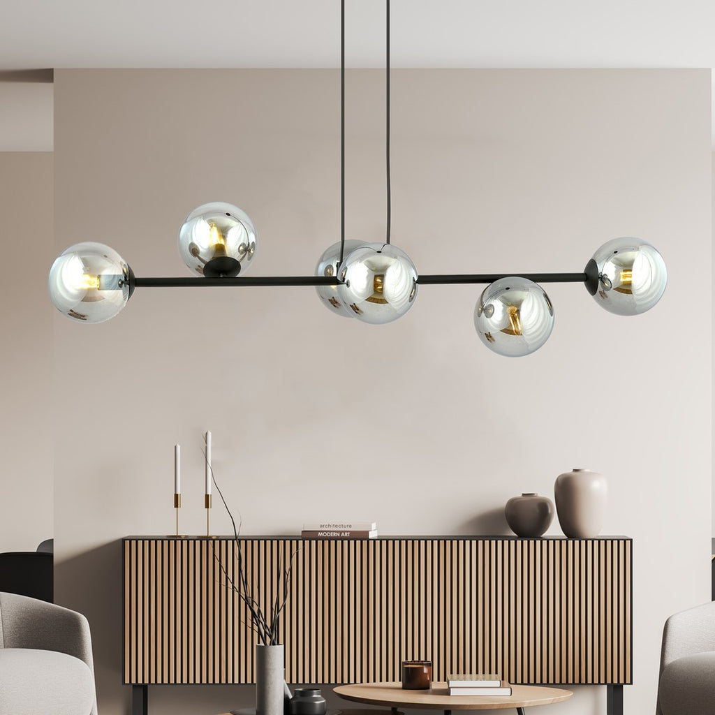 Hanglamp staal en glas Rossi zwart met grafiet glazen kappen 110 cm, 6 lichts, voor eettafel en woonkamer