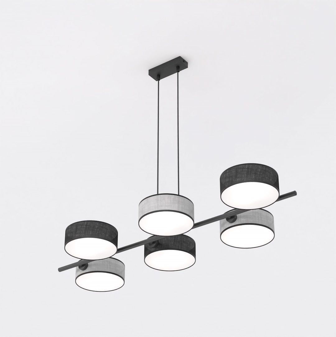 Hanglamp gepoedercoat staal Japandi zwart en grijs, 6 lichts met kappen Ø 20 cm, eettafel