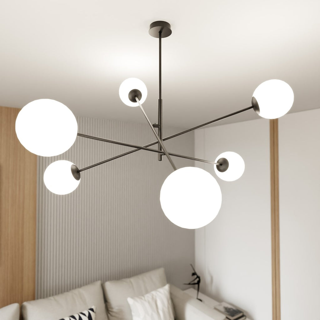 Hanglamp 6 lichts gepoedercoat staal en glas, modern, zwart met wit opaal glas, 102 x 51 cm, eettafel en keuken