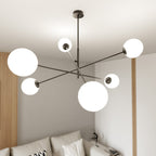 Hanglamp 6 lichts gepoedercoat staal en glas, modern, zwart met wit opaal glas, 102 x 51 cm, eettafel en keuken