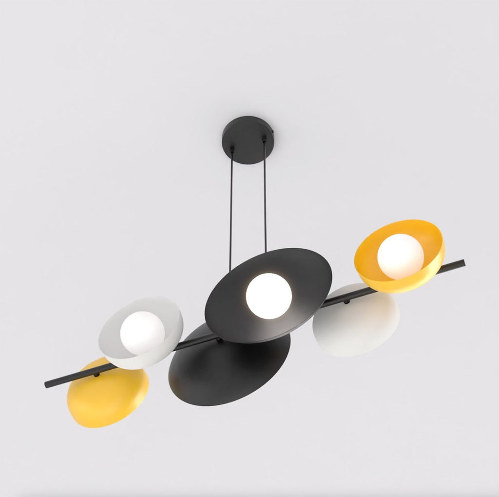 Hanglamp lineair gepoedercoat staal Volume 6 mat zwart met witte en gele accenten, 6 x G9, 100 cm, eettafel