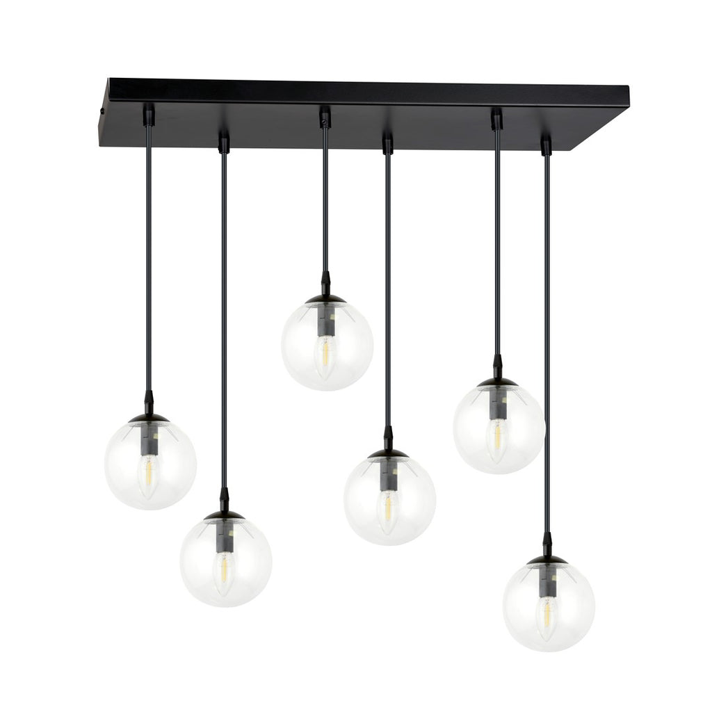 Hanglamp gepoedercoat staal en glas, modern Cosmo, zwart met transparante kappen, 6 lichts, 65 x 120 cm