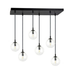 Hanglamp gepoedercoat staal en glas, modern Cosmo, zwart met transparante kappen, 6 lichts, 65 x 120 cm