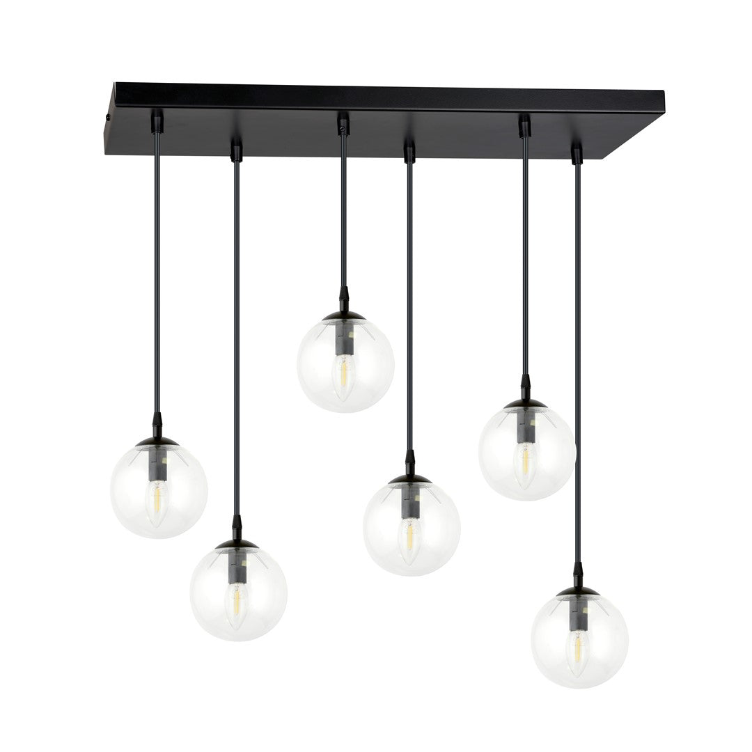 Hanglamp gepoedercoat staal en glas, modern Cosmo, zwart met transparante kappen, 6 lichts, 65 x 120 cm