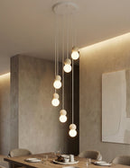 Hanglamp gepoedercoat staal en hout, Scandinavisch Loop wit, Ø 33 cm, 6 lichts, voor eetkamer of keukeneiland