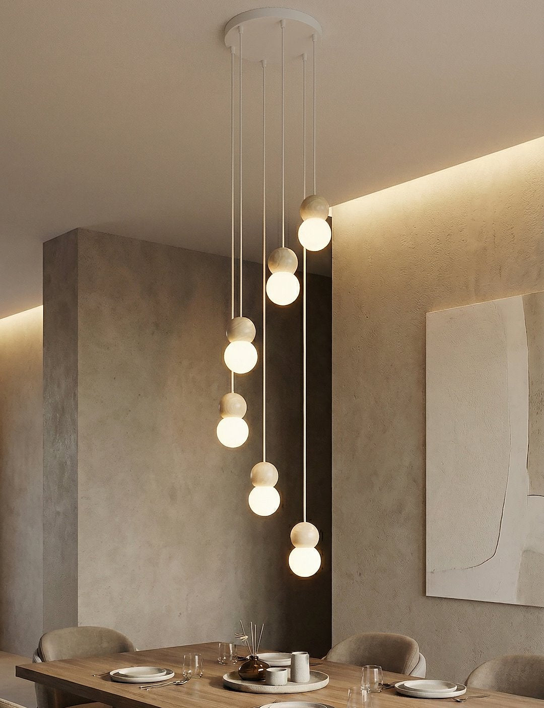Hanglamp gepoedercoat staal en hout, Scandinavisch Loop wit, Ø 33 cm, 6 lichts, voor eetkamer of keukeneiland