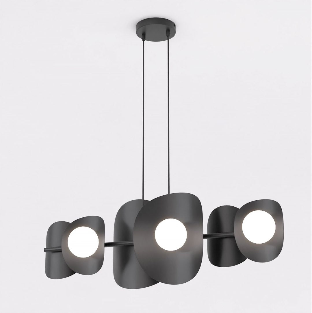 Hanglamp gepoedercoat staal modern zwart met 6 witte kapjes, 87 x 23 x 120 cm, boven eettafel of kookeiland