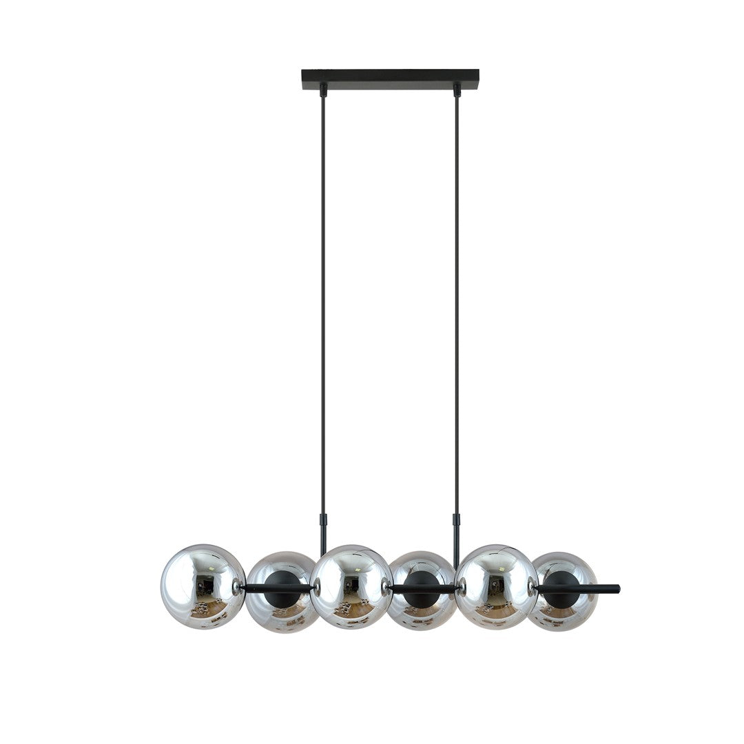 Hanglamp gepoedercoat staal en glas Rory grafiet, zwart, 6 lichts, 95 x 110 cm, eettafel en kookeiland