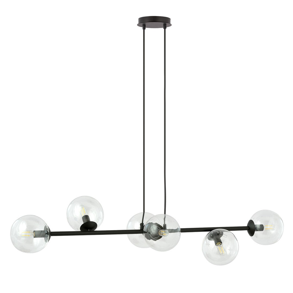 Hanglamp Rossi staal en glas, modern, zwart met transparante kappen, 110 x 100 cm, 6 lichtpunten, eettafel en zithoek
