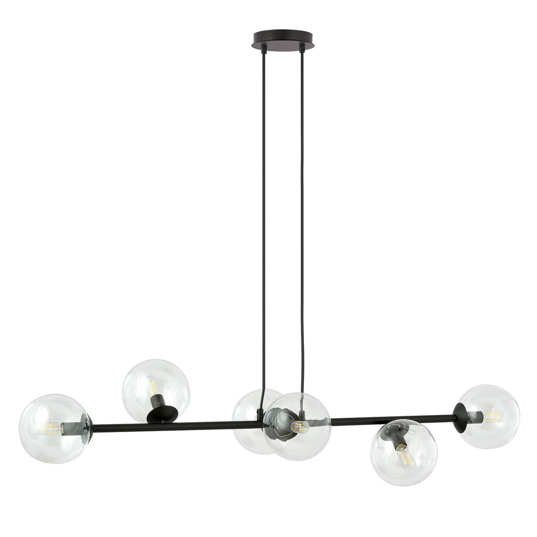 Hanglamp Rossi staal en glas, modern, zwart met transparante kappen, 110 x 100 cm, 6 lichtpunten, eettafel en zithoek