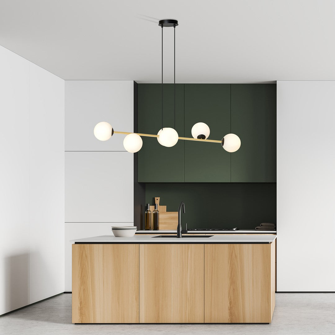 Hanglamp gepoedercoat staal en glas Gravity, zwart met goud en witte glazen kappen, 6 lichts, 110 cm breed