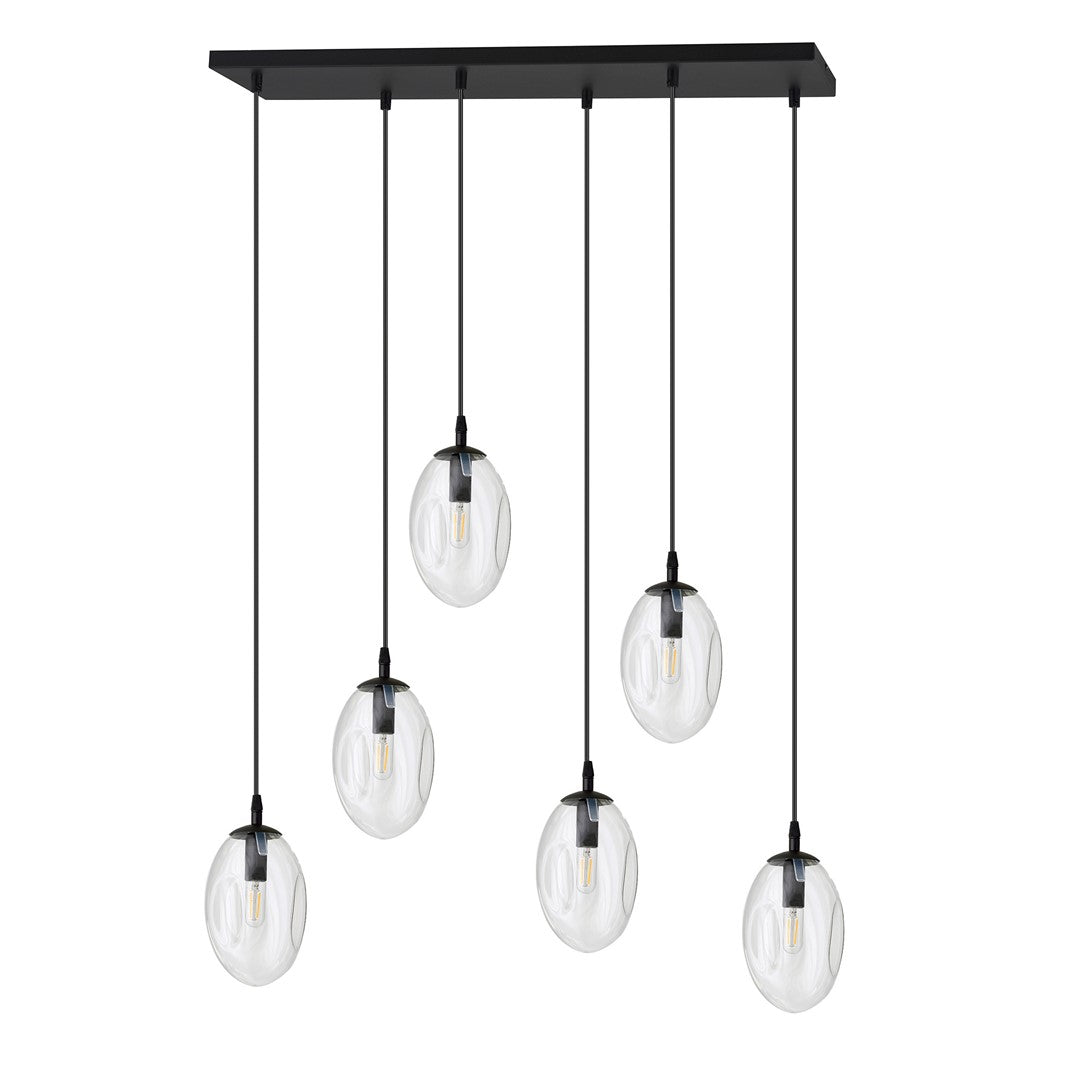 Hanglamp gepoedercoat staal en glas, modern Astral, zwart met transparante kappen, 70 x 100 cm, 6 lichts