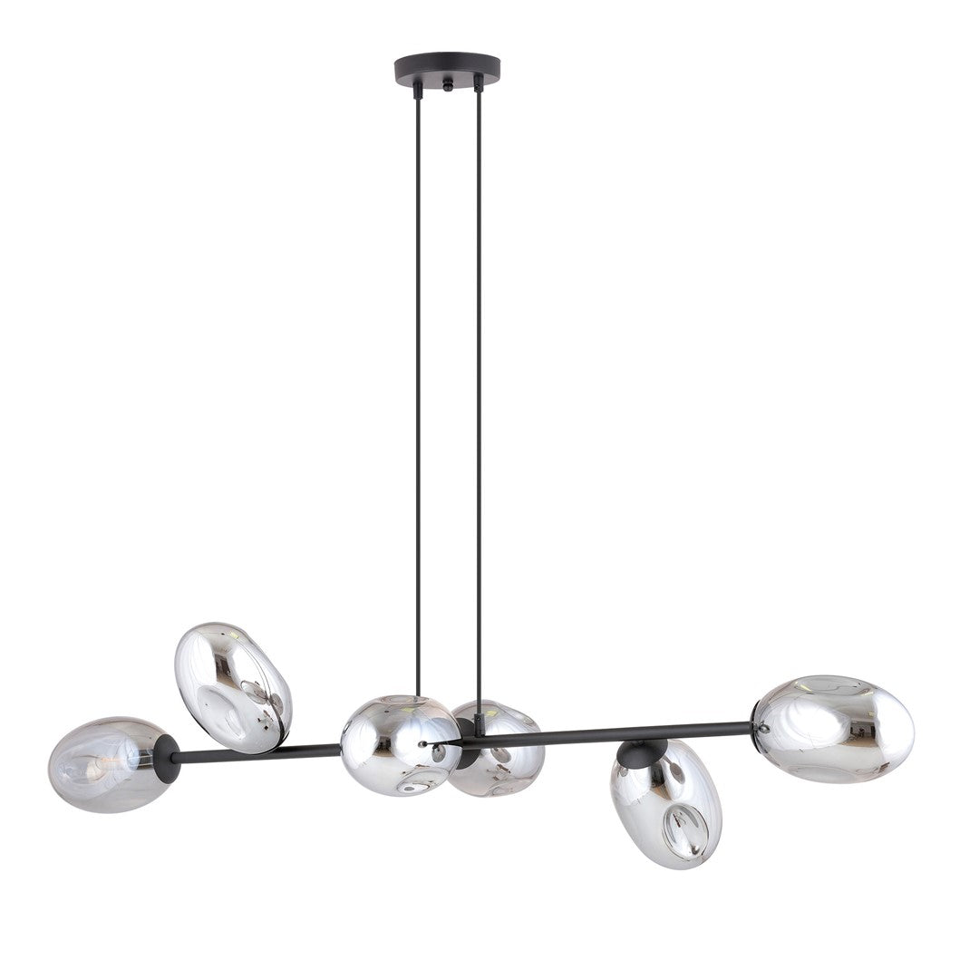 Hanglamp gepoedercoat staal en glas Pandora, zwart met grafiet kappen, 6 lichtpunten, 120 x 100 cm