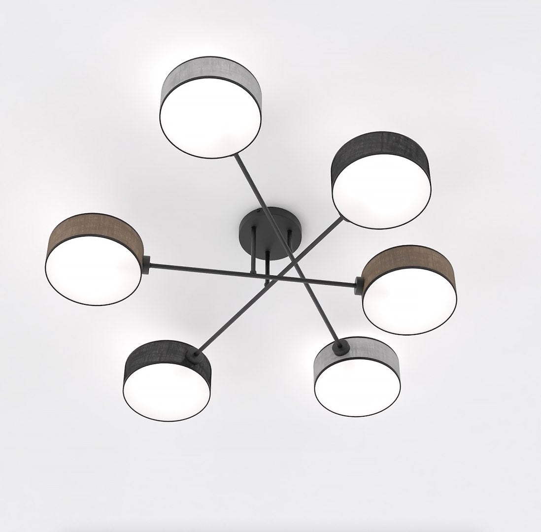 Plafondlamp gepoedercoat staal Japandi zwart met 6 kappen in zwart, bruin en grijs 105 x 105 cm, woonkamer