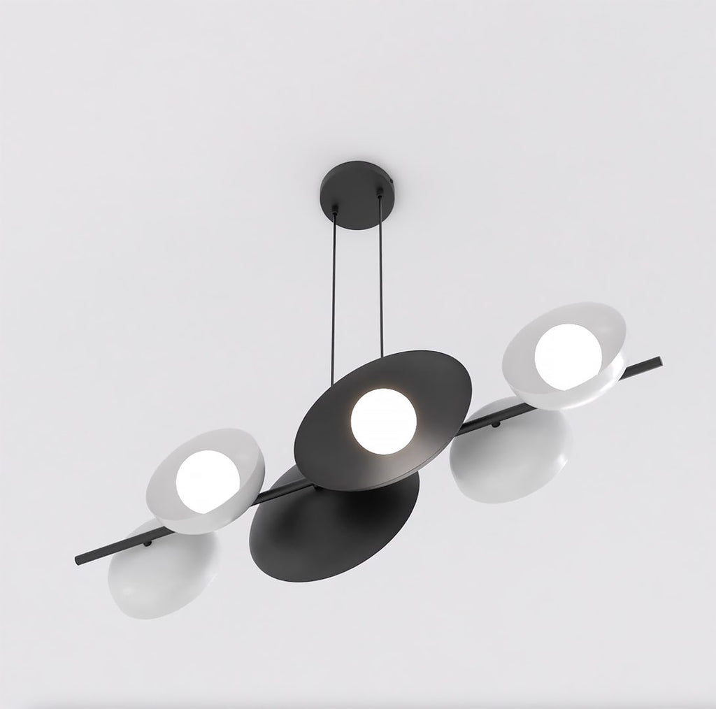Hanglamp gepoedercoat staal minimalistisch zwart met witte kappen, 6 lichtpunten, 100 x 23 cm, eettafel en keukeneiland