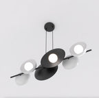 Hanglamp gepoedercoat staal minimalistisch zwart met witte kappen, 6 lichtpunten, 100 x 23 cm, eettafel en keukeneiland