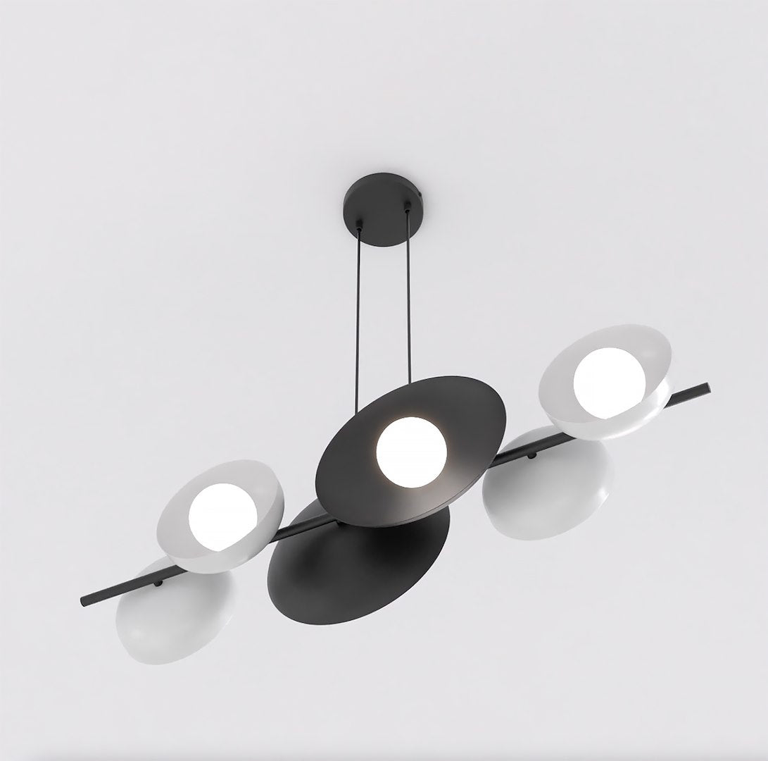 Hanglamp gepoedercoat staal minimalistisch zwart met witte kappen, 6 lichtpunten, 100 x 23 cm, eettafel en keukeneiland