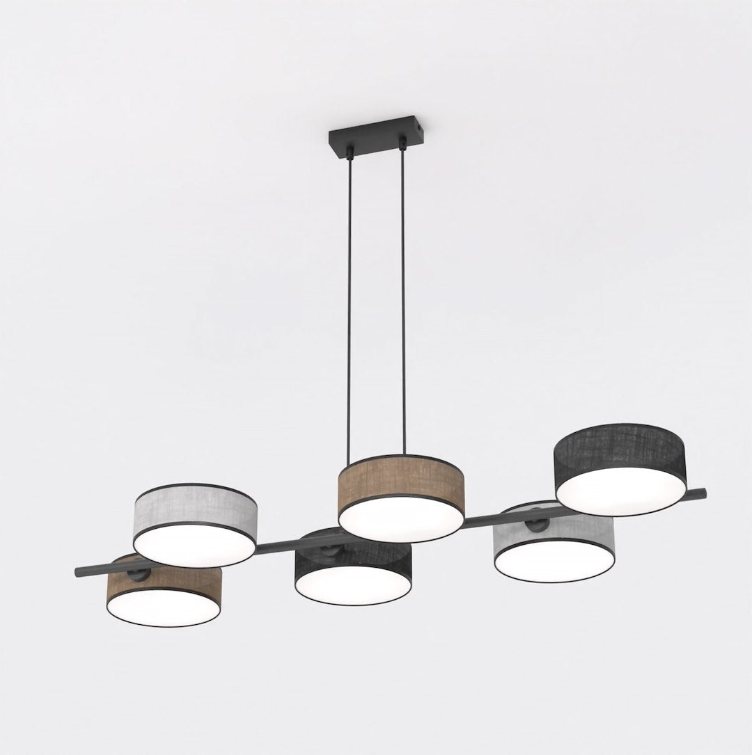 Hanglamp gepoedercoat staal Japandi Drumz 6 lichts, zwart, bruin en grijs, 100 x 46 cm, boven eettafel