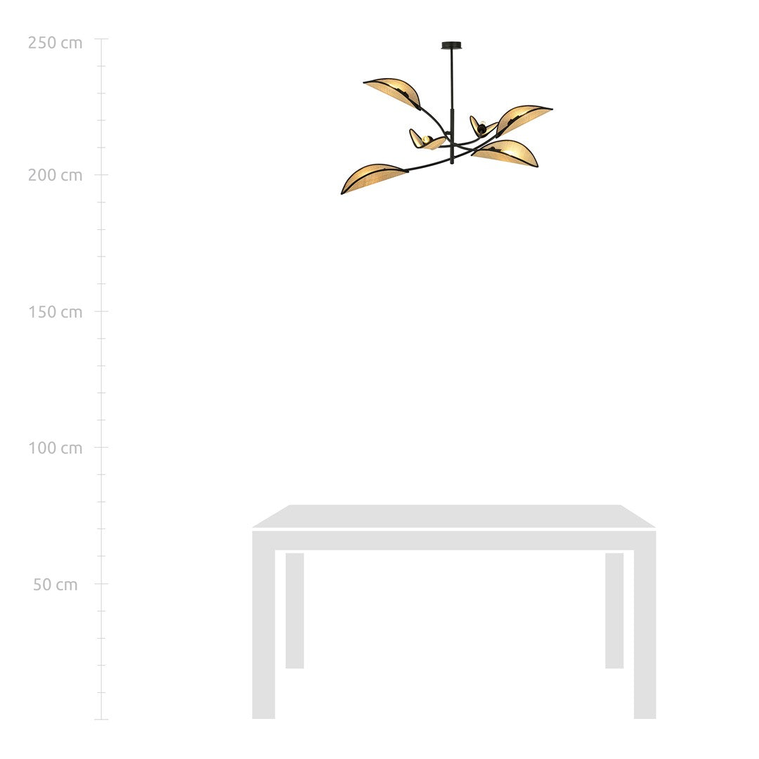 Plafondlamp Lotus gepoedercoat staal en rotan, boho, zwart met naturel kappen, 6 lichtpunten, 102 x 51 cm