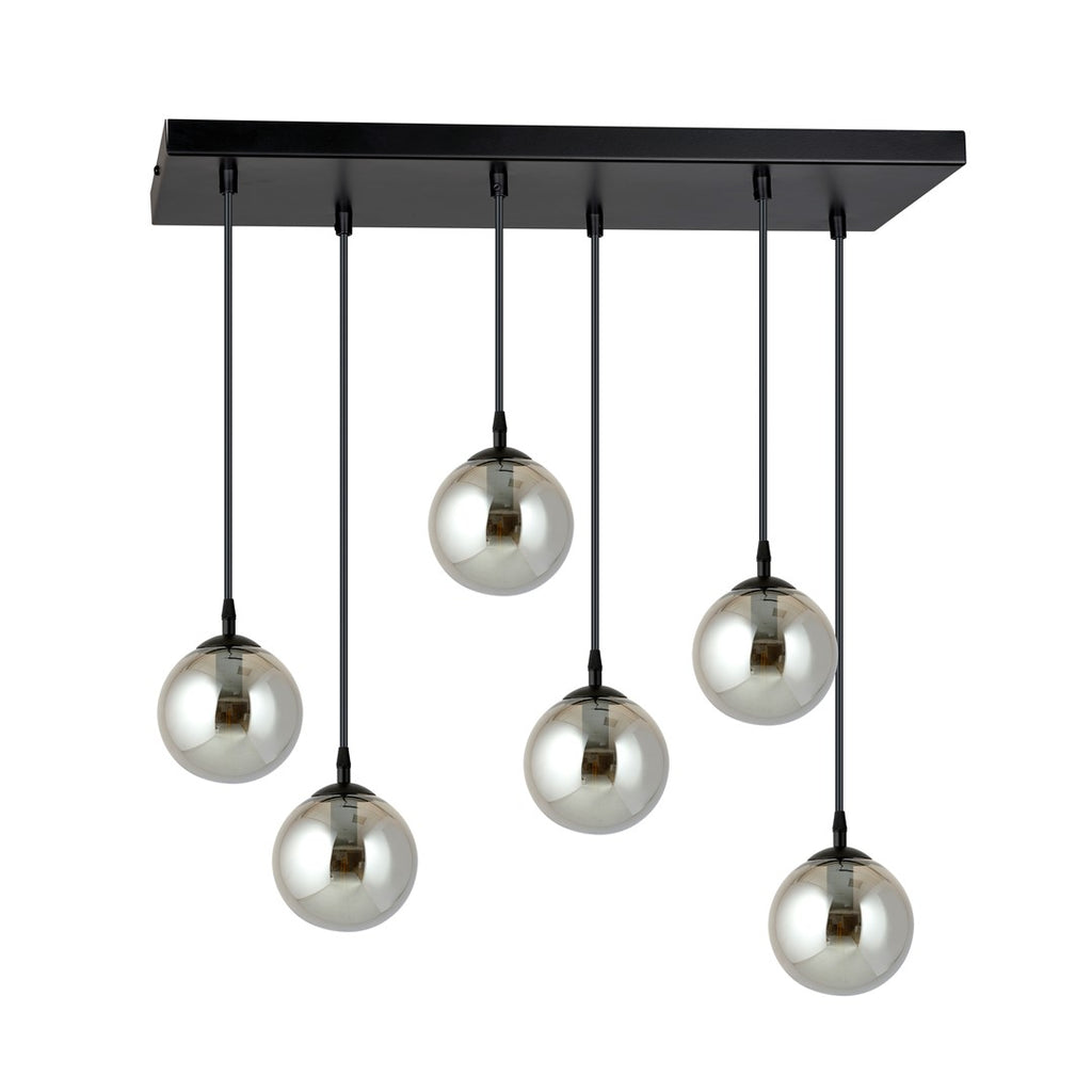 Hanglamp 6 lichts gepoedercoat staal en glas, Cosmo modern, zwart met grafiet kappen, verstelbaar, eettafel