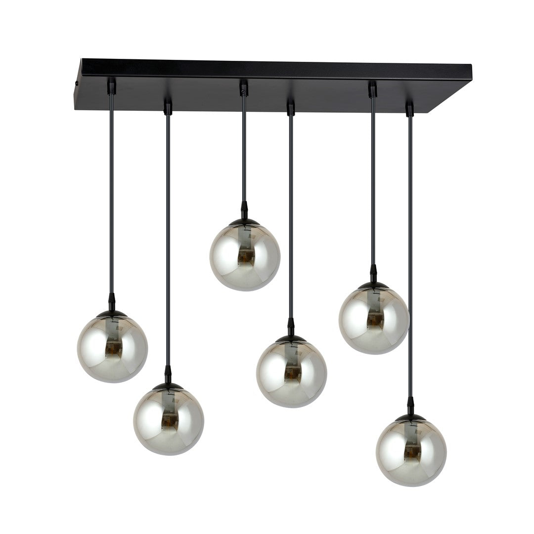 Hanglamp 6 lichts gepoedercoat staal en glas, Cosmo modern, zwart met grafiet kappen, verstelbaar, eettafel