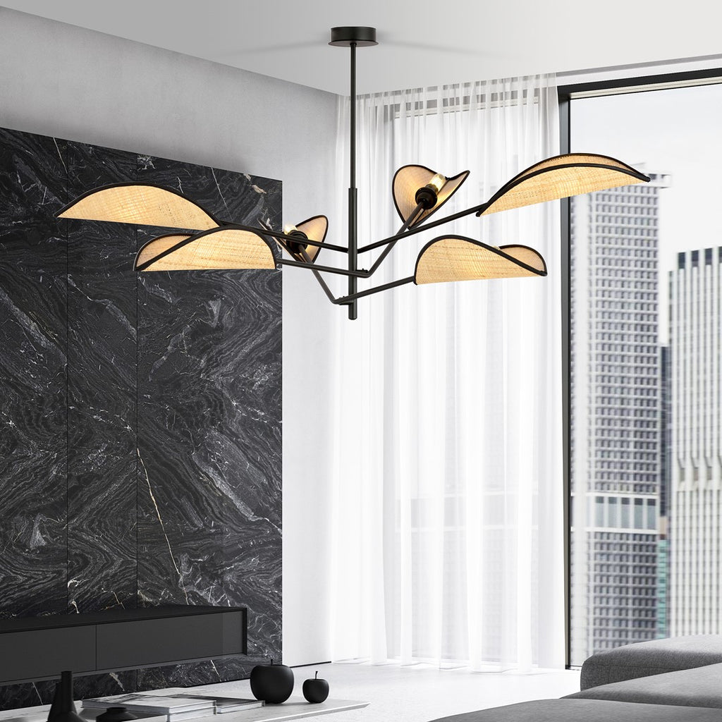 Plafondlamp gepoedercoat staal en rotan Vene, zwart met bruine kappen, 6 lichtpunten – 102 x 51 cm, woonkamer en slaapkamer