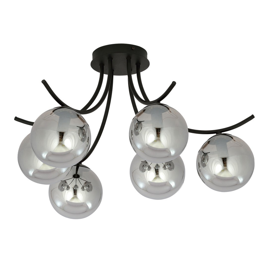Plafondlamp gepoedercoat staal en glas Boston, zwart met grafiet kappen, 6 lichts, 70 cm breed, woonkamer